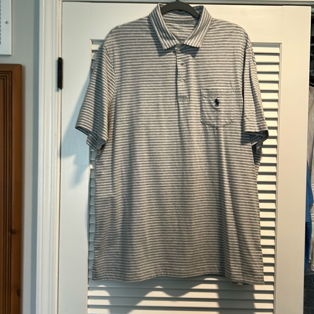 Men’s polo XL . Grey and white striped polo. Like new!